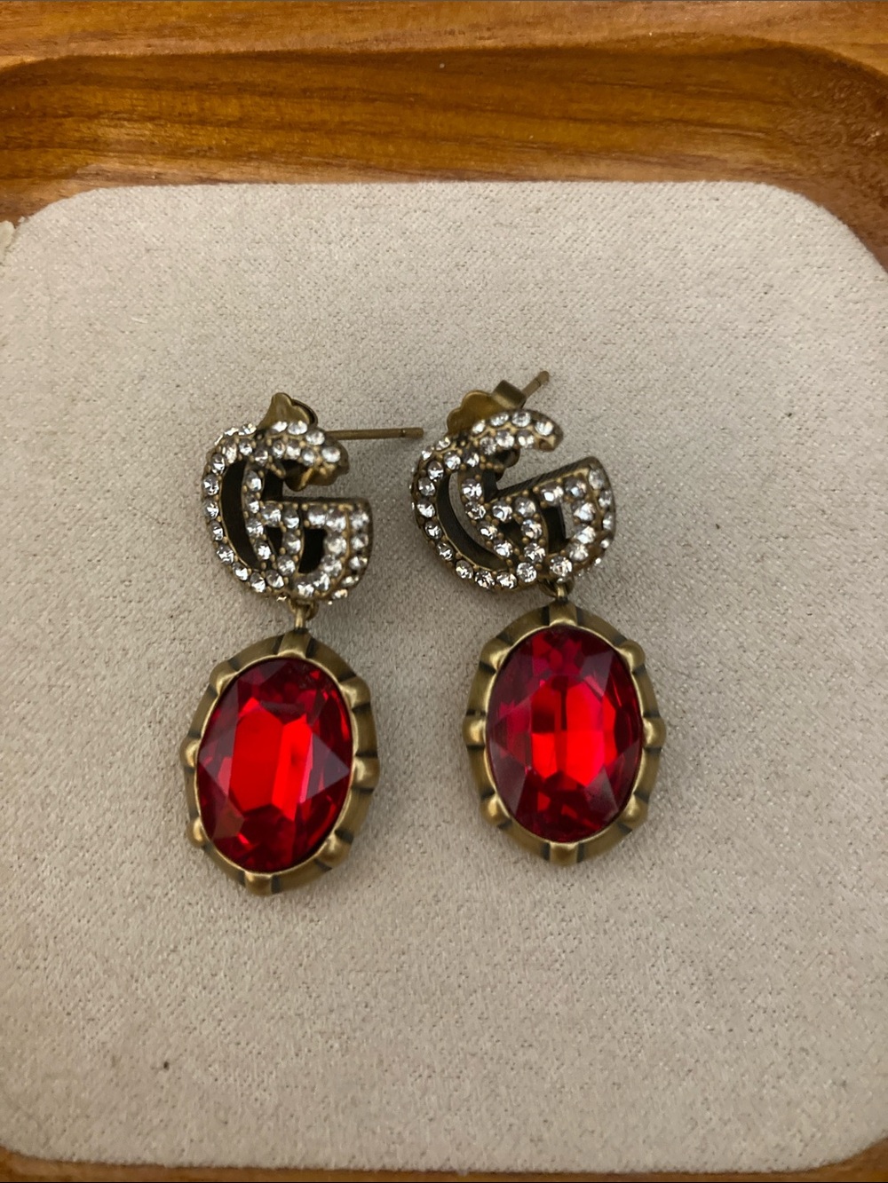 Gucci Gold-Tone Crystal GG Earrings with Red Oval Stones